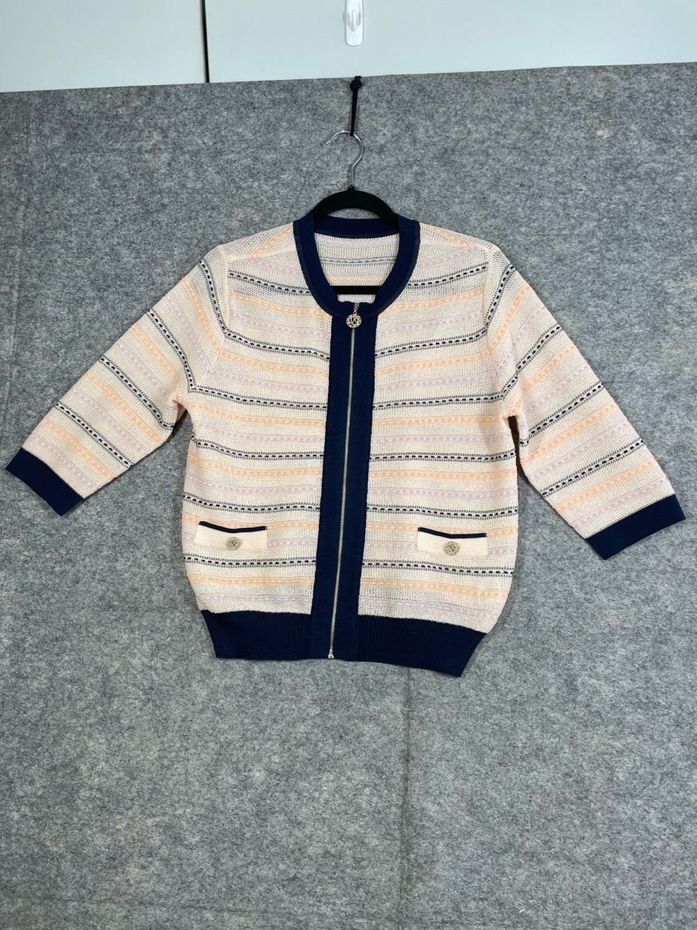 Olivia Lauren Knit Cardigan Cream Navy Medium Preppy Quiet Luxury Zip Sweater